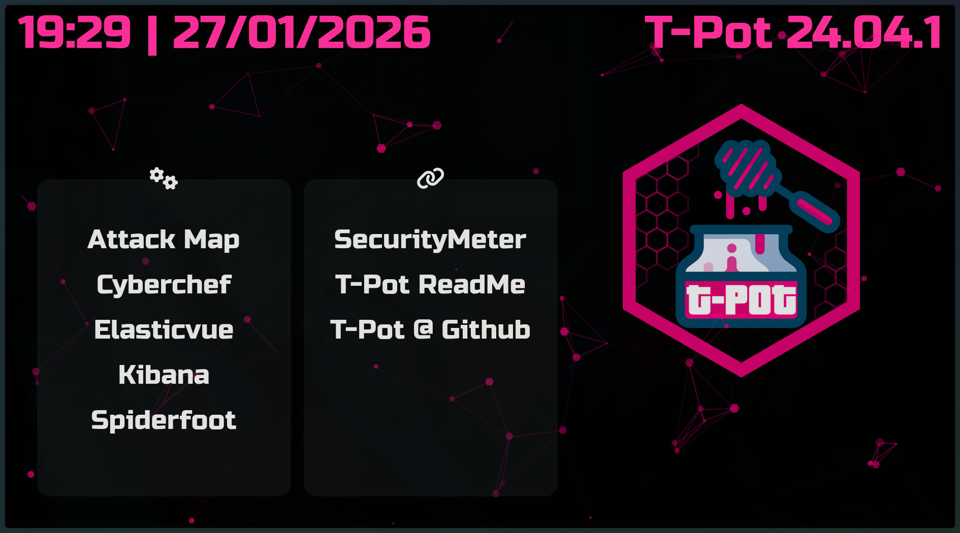 Dashboard principal de T-Pot mostrando la interfaz de administración